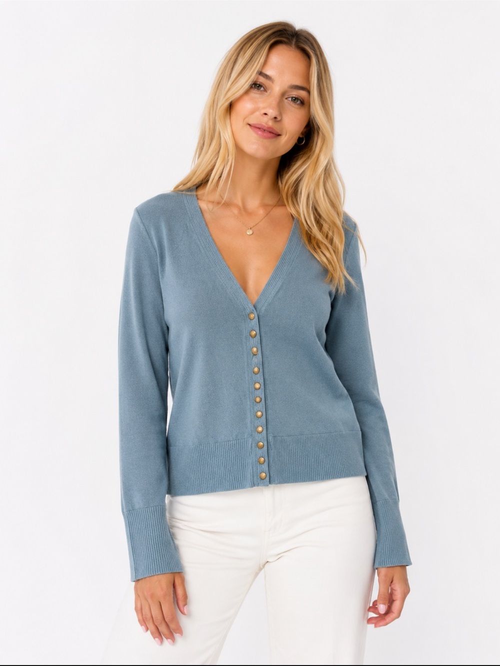 So Perla Blue Snap Button V-Neck Cardigan Sweater Large Y2K